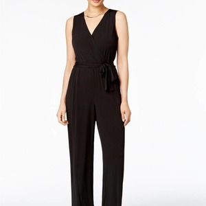 .NY Collection Belted Wide-Leg Jumpsuit, black